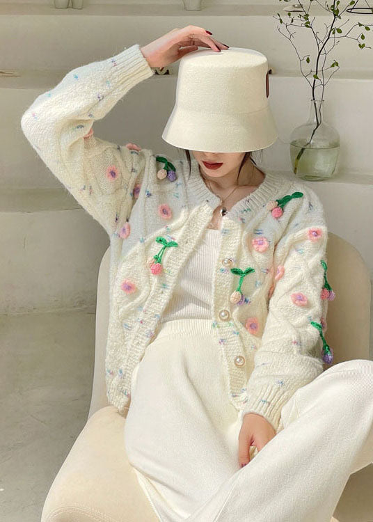 Beautiful White Button Floral Knit Cardigans Spring