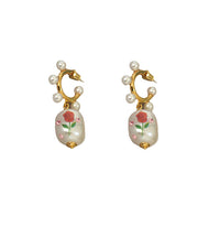 Beautiful White Copper Overgild Zircon Pearl Rose Floral Hoop Earrings