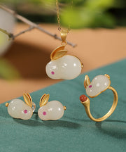 Beautiful White Cute Rabbit Jade 14K Gold Stud Earrings And Pendant Necklace And Ring
