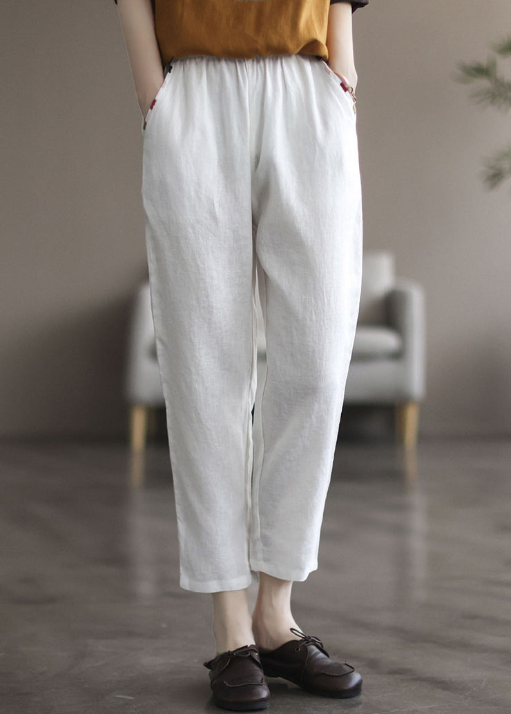 Beautiful White Elastic Waist Solid Linen Harem Pants Summer