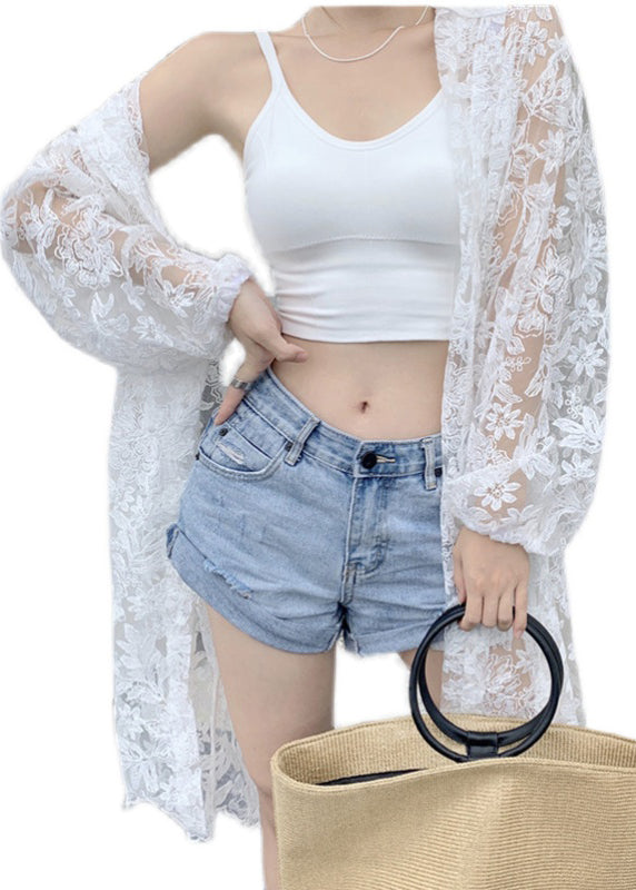 Beautiful White Embroidered Hooded Tulle Cardigans Summer