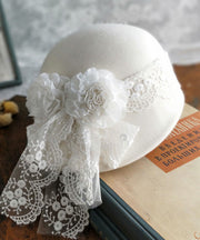 Beautiful White Floral Asymmetrical Design Cashmere Beret Hat