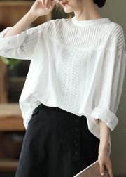 Beautiful White Hollow Out Patchwork Wrinkled Cotton Tops Fall