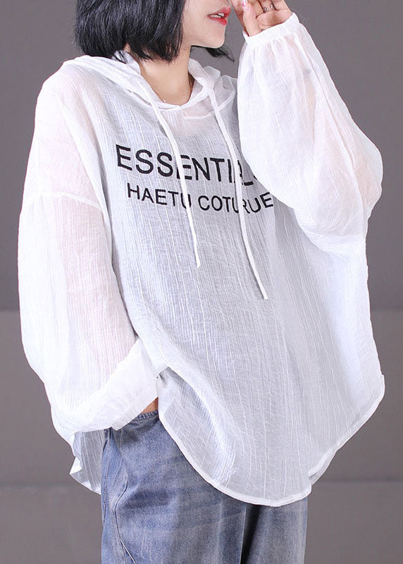 Beautiful White Hooded Letter Print Cotton UPF 50+ Sweatshirt Top Long Sleeve