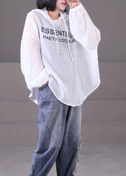 Beautiful White Hooded Letter Print Cotton UPF 50+ Sweatshirt Top Long Sleeve