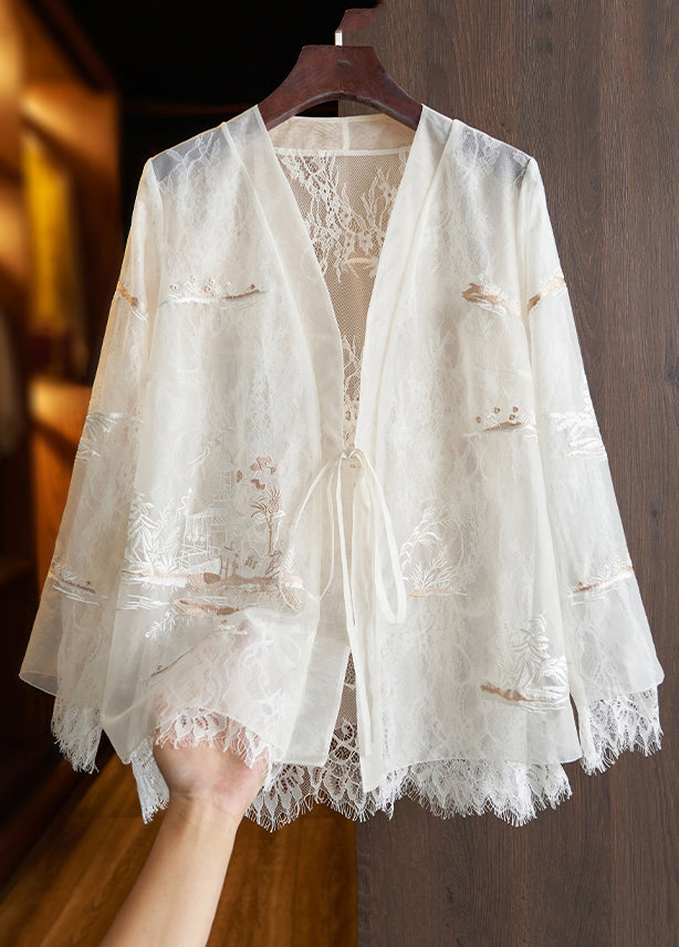 Beautiful White Lace Up Embroidered Lace Patchwork Top Fall
