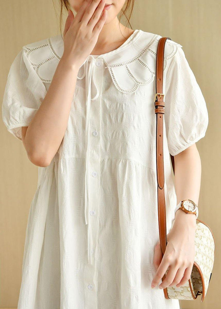 Beautiful White O-Neck Jacquard Summer Cotton Party Dresses Short Sleeve - SooLinen