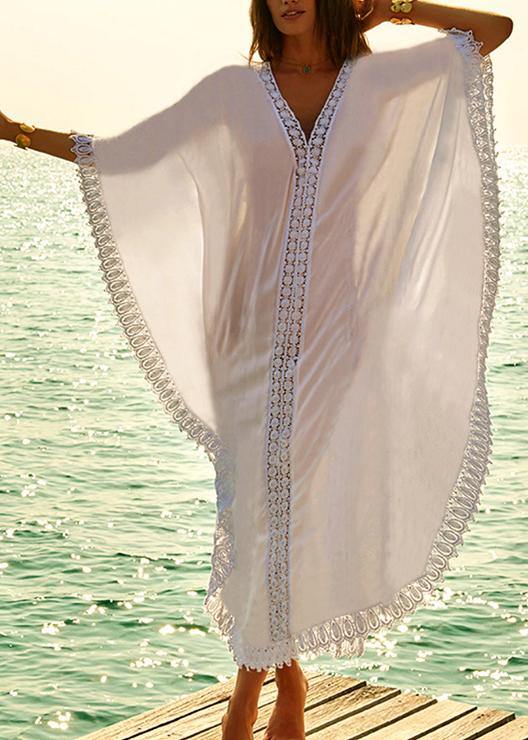 Beautiful White Patchwork Hollow Outkimono robe Summer Maxi Dress - SooLinen