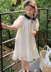 Beautiful White Peter Pan Collar Wrinkled Patchwork Cotton Kids Girls Dress Summer