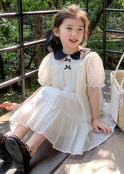 Beautiful White Peter Pan Collar Wrinkled Patchwork Cotton Kids Girls Dress Summer