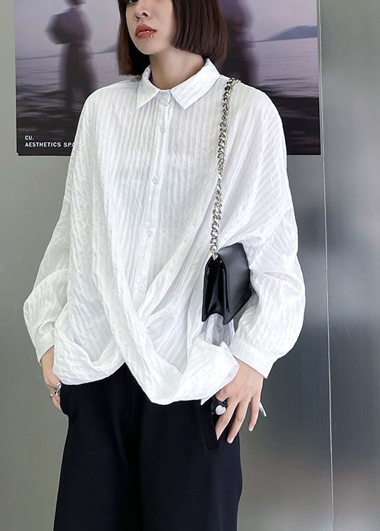 Beautiful White PeterPan Collar Button asymmetrical design Fall Long sleeve Blouse Tops