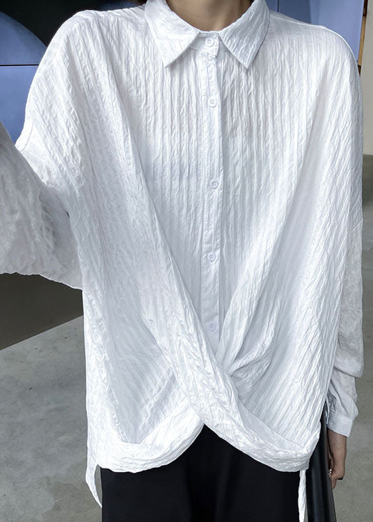 Schöne weiße PeterPan-Kragen-Knopf asymmetrisches Design Herbst Langarm-Blusen-Tops