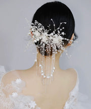 Beautiful White Plastics Patchwork Silk Inlaid Floral Tassel Hairpin