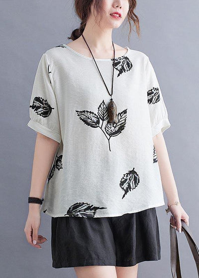 Beautiful White Print leaf Shirt Tops Summer Cotton Linen - SooLinen