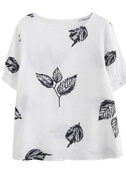 Beautiful White Print leaf Shirt Tops Summer Cotton Linen - SooLinen