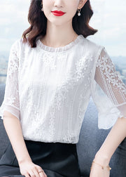 Beautiful White Ruffled Embroidered Patchwork Chiffon Blouse Tops Summer