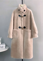 Beautiful White Stand Collar Button Pockets Wool Outwear Winter