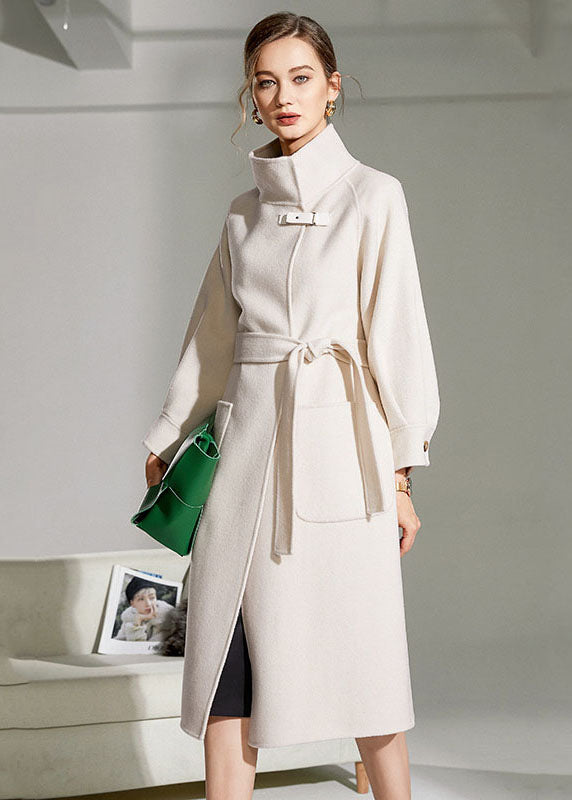 Beautiful White Stand Collar Pockets Slim Fit Woolen Warp Coat Winter
