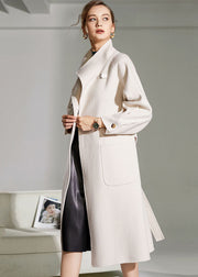 Beautiful White Stand Collar Pockets Slim Fit Woolen Warp Coat Winter