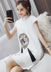 Beautiful White Stand Collar Print Tassel Button Cotton Mid Dresses Short Sleeve