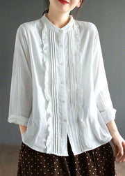 Beautiful White Stand Collar Ruffled Patchwork Cotton Blouse Tops Spring