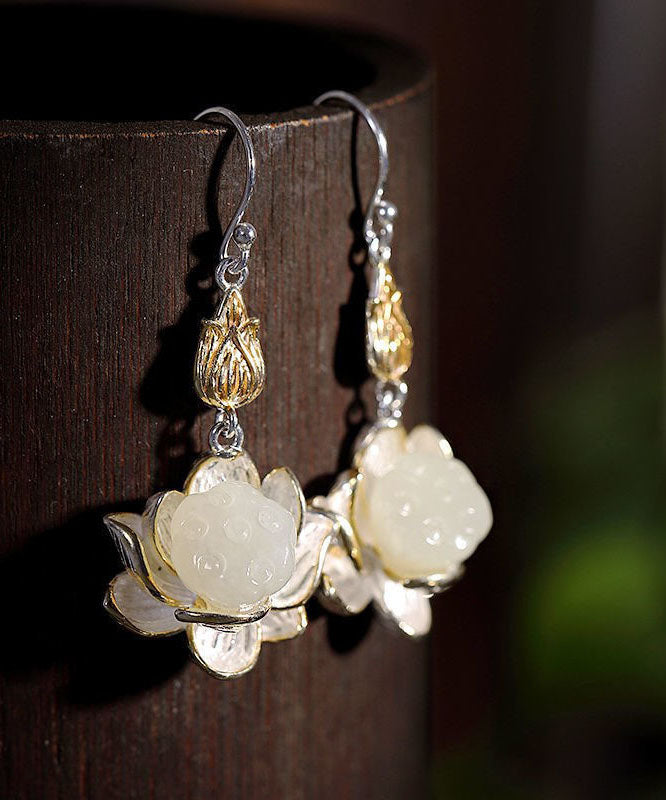 Beautiful White Sterling Silver Jade Lotus Drop Earrings