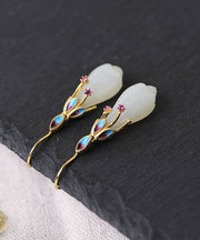 Beautiful White Sterling Silver Overgild Inlaid Jade Cloisonne Orchid Drop Earrings