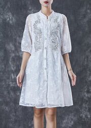 Beautiful White Tasseled Nail Bead Cotton Dress Half Sleeve
