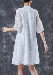 Beautiful White Tasseled Nail Bead Cotton Dress Half Sleeve