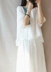 Beautiful White Top Silhouette O Neck Lantern Sleeve Plus Size Clothing Blouses - SooLinen