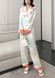 Beautiful White Turn-down Collar Print Draping Ice Silk Pajamas Two Piece Set Women Clothing Spring