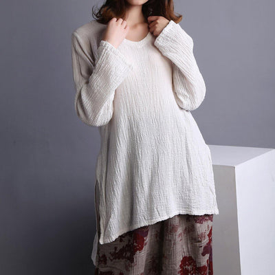 Beautiful White U Neck low high design Linen Shirt Spring - SooLinen