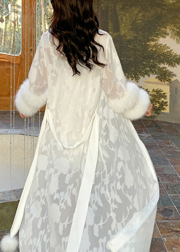 Beautiful White V Neck Embroidered Floral Ice Silk Long Robe Spring