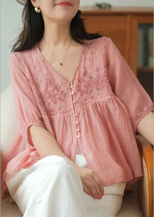 Beautiful White V Neck Embroidered Patchwork Button Linen Shirt Half Sleeve