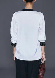 Beautiful White V Neck Patchwork Lace Silk Shirts Fall