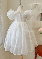 Beautiful White Wrinkled Patchwork Tulle Kids Girls Princess Dresses Summer