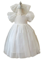 Beautiful White Wrinkled Patchwork Tulle Kids Girls Princess Dresses Summer