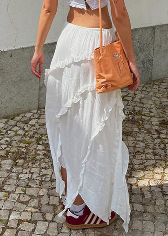 Beautiful WhiteRuffled Asymmetrical Lace Up Cotton Skirt Summer