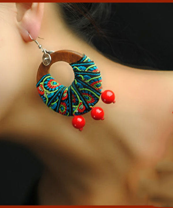 Beautiful Wooden Hoop Earrings Gem Stone National Style Drop Earrings