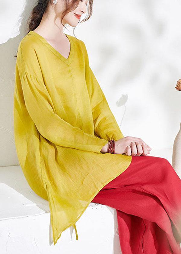 Beautiful Yellow Casual V Neck Asymmetrical Design Summer Ramie Shirt Long sleeve - SooLinen