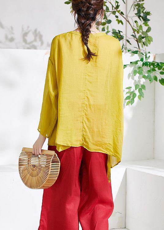 Beautiful Yellow Casual V Neck Asymmetrical Design Summer Ramie Shirt Long sleeve - SooLinen