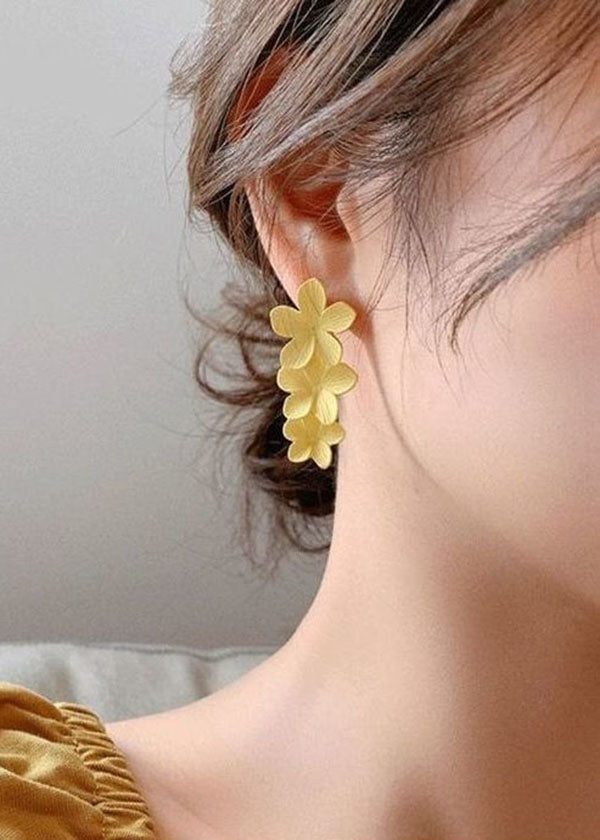 Beautiful Yellow Floral Layered Design Metal Drop Earrings