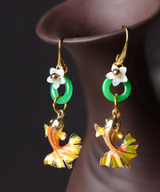 Beautiful Yellow Green Cloisonne Shell Flower Chalcedony Goldfish Drop Earrings