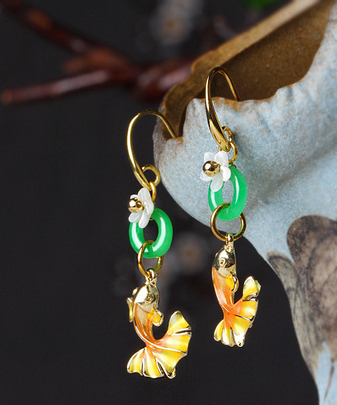 Beautiful Yellow Green Cloisonne Shell Flower Chalcedony Goldfish Drop Earrings