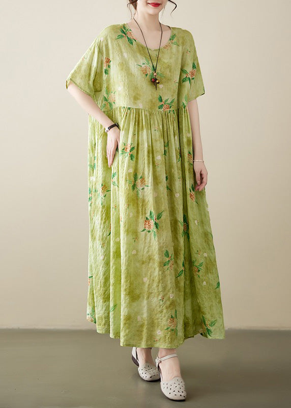 Beautiful Yellow Green Print Wrinkled Cotton Long Dress Summer