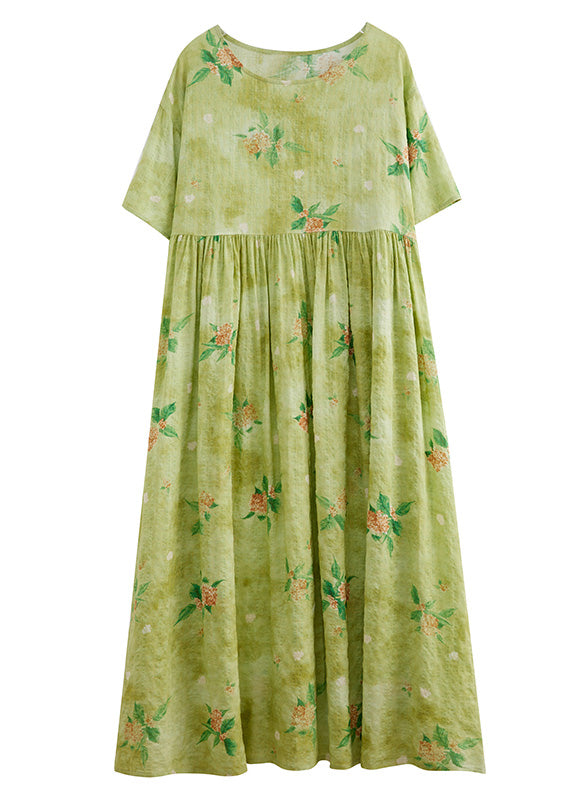 Beautiful Yellow Green Print Wrinkled Cotton Long Dress Summer