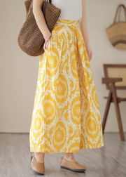 Beautiful Yellow High Waist Pockets Print Crop Pants Skirt Summer