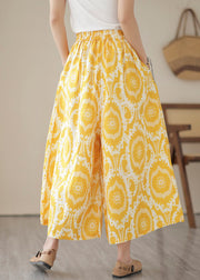 Beautiful Yellow High Waist Pockets Print Crop Pants Skirt Summer