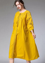 Beautiful Yellow Hollow Out Embroideried Spring Three Quarter Sleeve Mid Dress - SooLinen