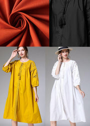 Beautiful Yellow Hollow Out Embroideried Spring Three Quarter Sleeve Mid Dress - SooLinen